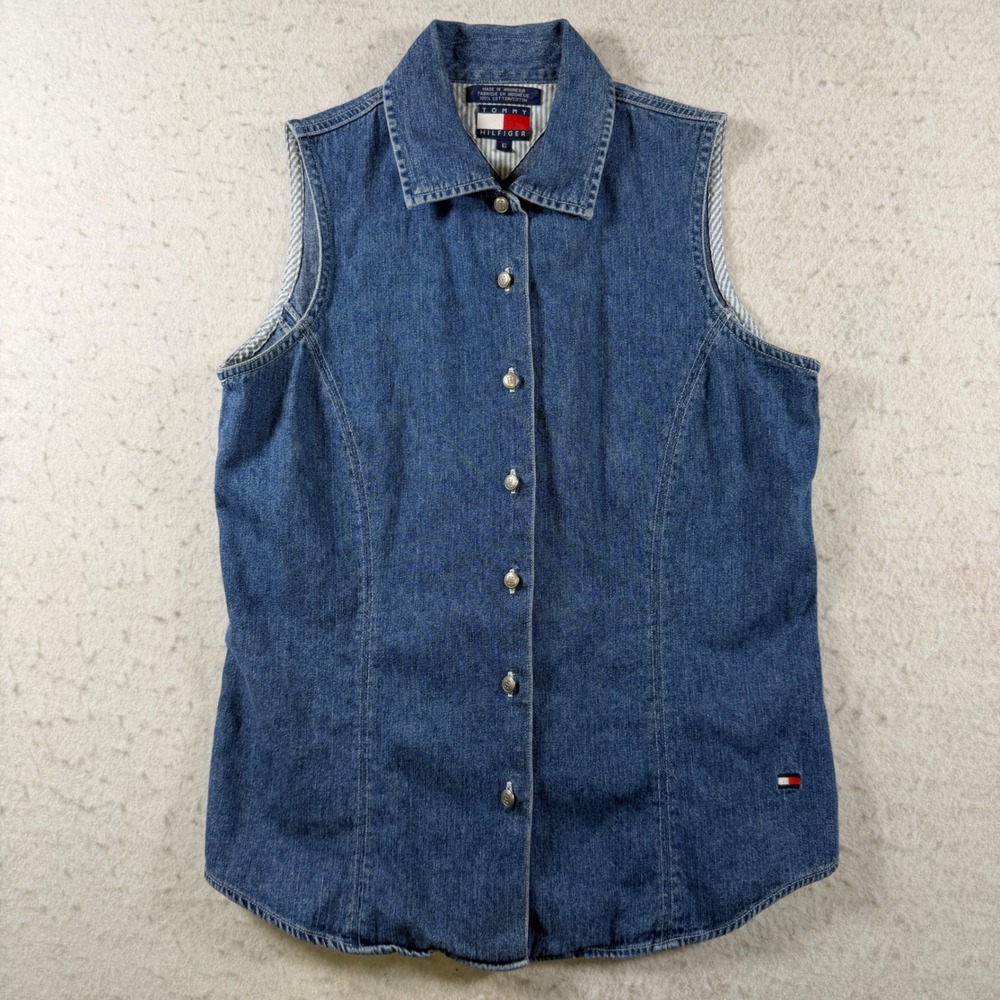 Tommy Hilfiger Womens Denim Vest Medium Wash Button Front‎ Cotton Size 6